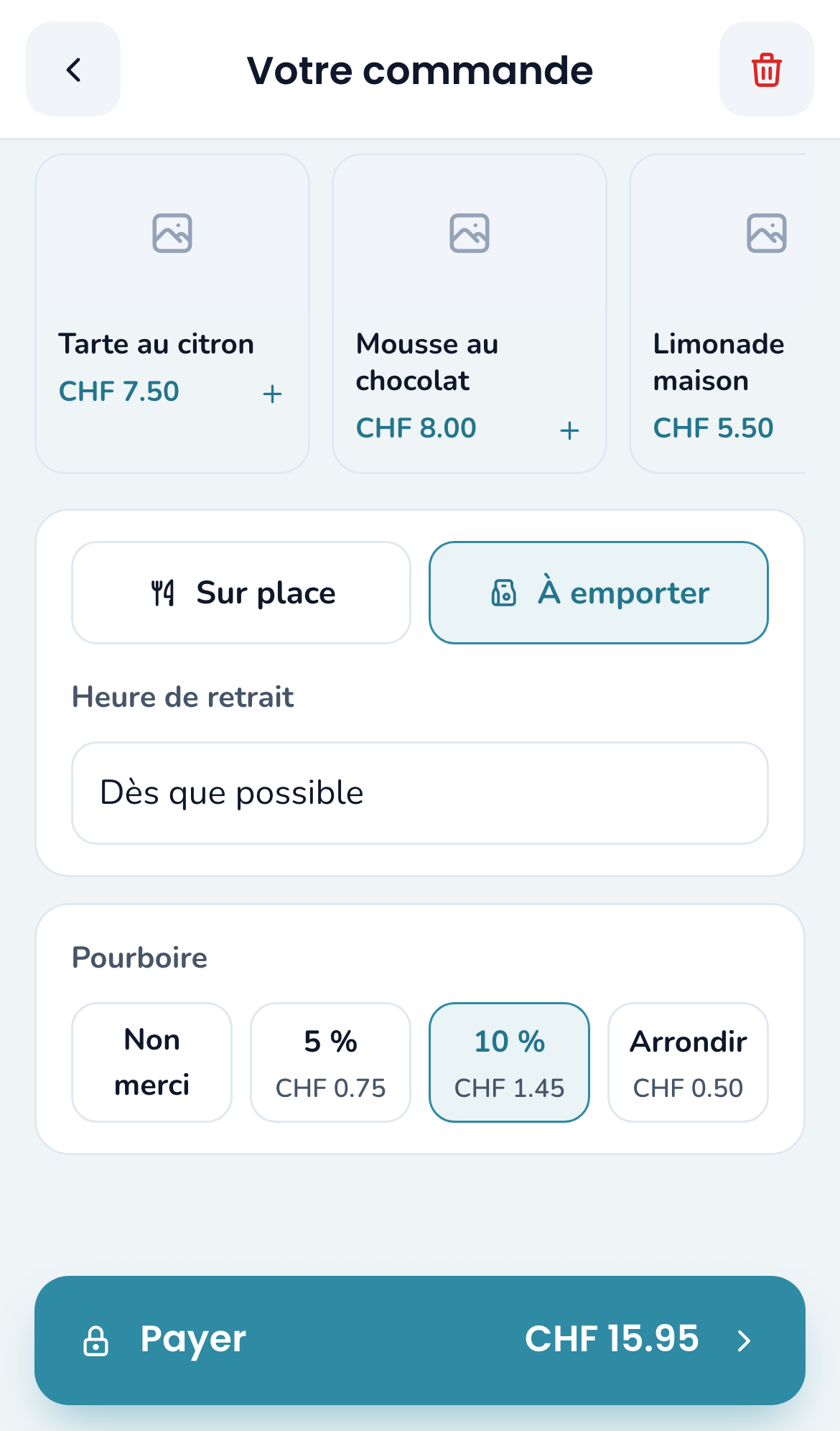 Panier du comptoir : à emporter, heure de retrait et pourboire