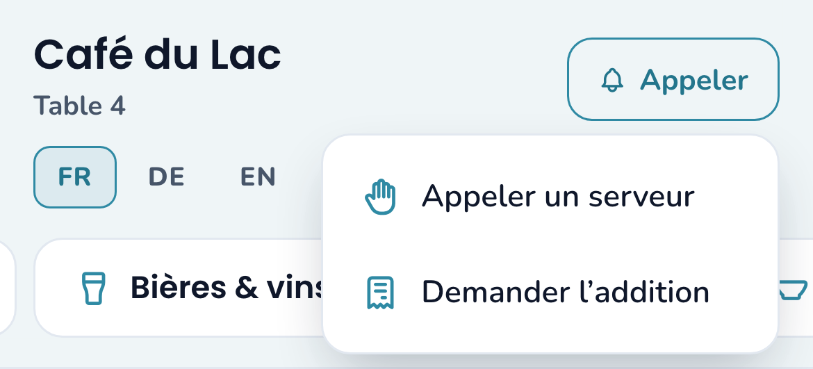 Le bouton Appeler sur la carte d’une table