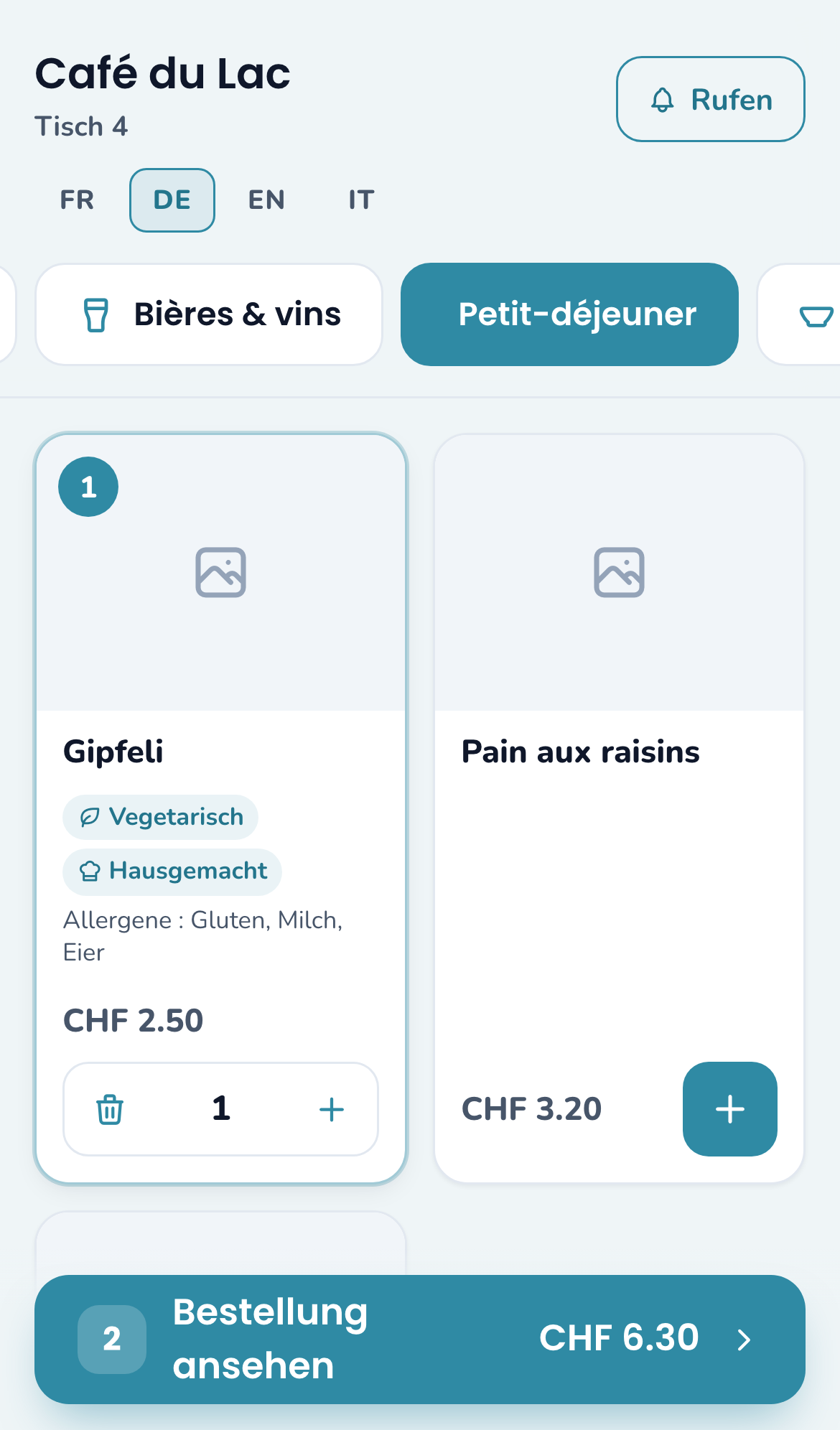 La carte en allemand, avec étiquettes et allergènes traduits