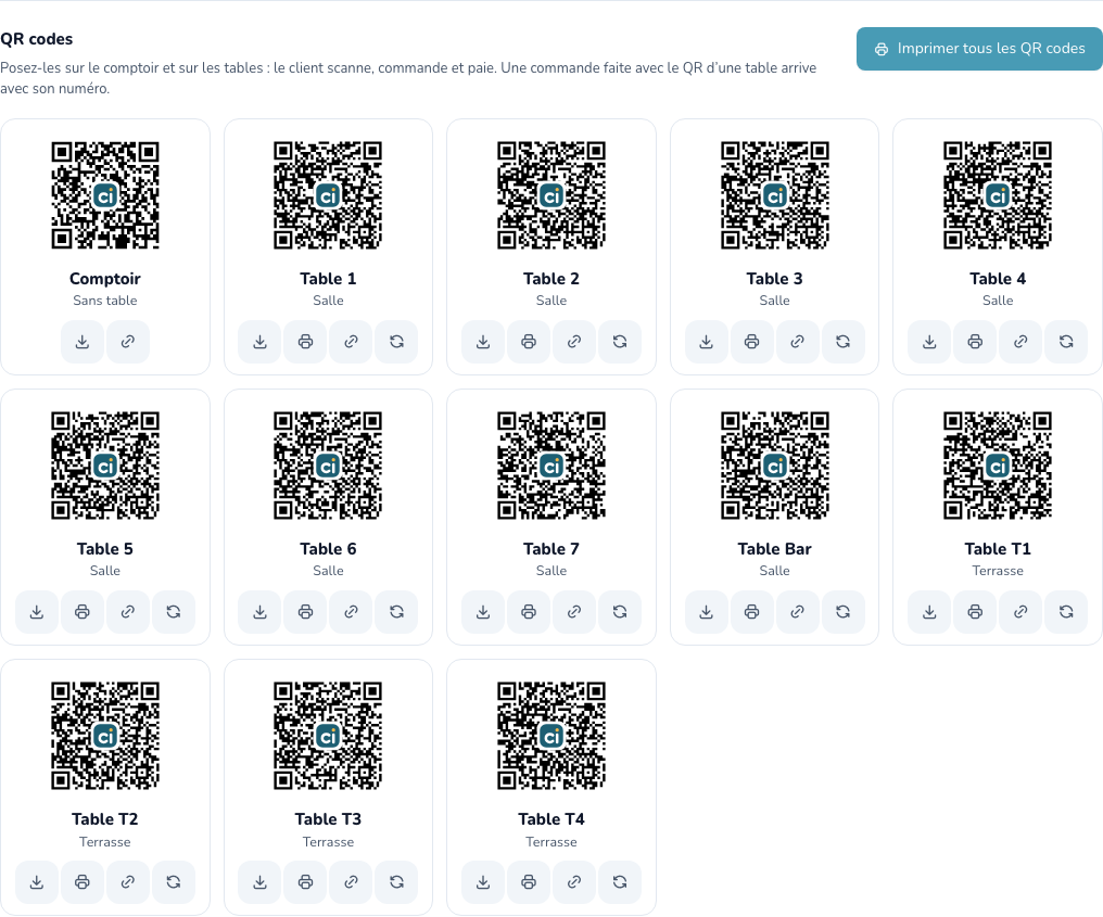 QR codes du comptoir et des tables dans Réglages › Self check-out
