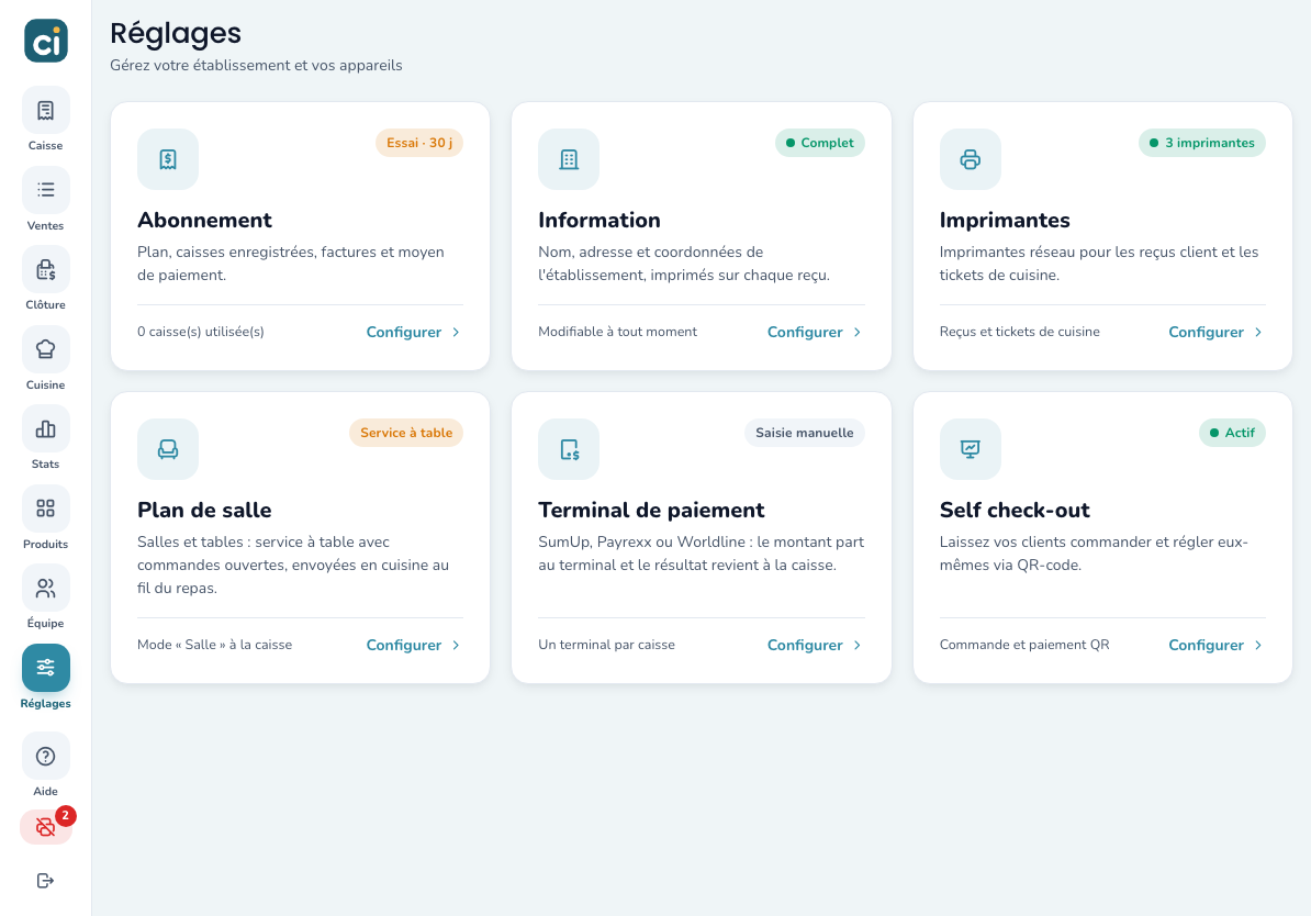 Page Réglages