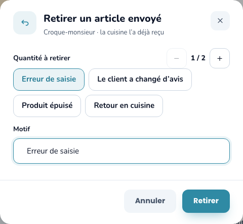 Retirer un article envoyé : quantité et motif