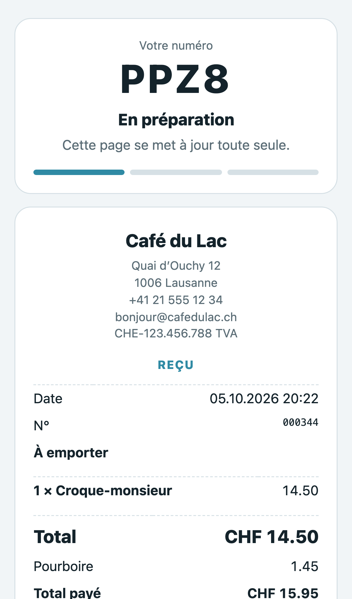 Reçu d’une commande en ligne avec son suivi